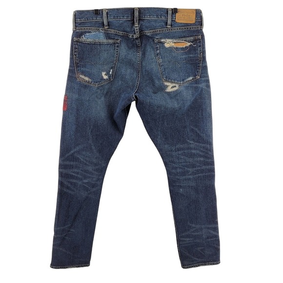 Polo Ralph Lauren Sullivan Slim Jeans 38x32 Distressed Patched Blue Denim - Picture 2 of 9